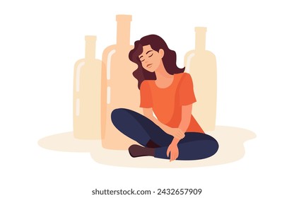 Woman and bottles of alcohol. Alcohol addiction. Depression, mental problem. Flat vector illustration