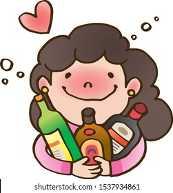 Woman with bottles of liquor. She loves liquor very much.