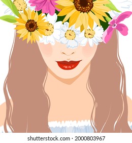 Woman bottom part of face with red lips makeup and beautiful flowers wreath on her head vector fashion illustration. Romantic girl drawing sketch.