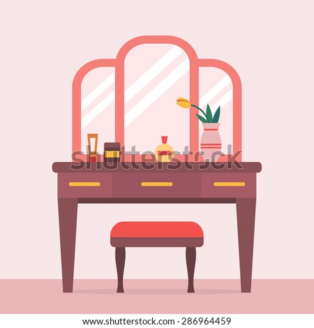 Woman boudoir with table, mirror and chair in bedroom. Flat style vector illustration.