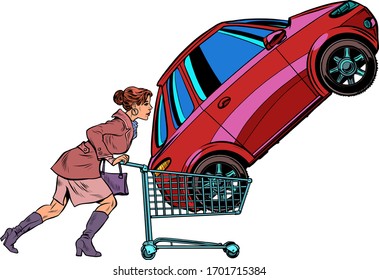 A woman bought a car. Pop art retro vector illustration kitsch vintage 50s 60s style