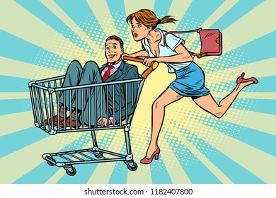 woman bought a groom, shopping cart trolley sale. Pop art retro vector illustration vintage kitsch