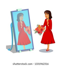 Woman with Bouquet of Flowers Color Illustration. Elegant Lady Looking in The Mirror. Anniversary Present Flat Drawing. Asters, Peony. Cartoon Female Character. Postcard Vector Design Element