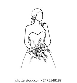 woman with a bouquet of flowers and a hand on her shoulder with a wedding ring - hand drawn doodle illustration of bride portrait without face