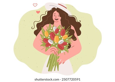 Woman with bouquet of flowers in hands rejoices at romantic gift from boyfriend who congratulated on march 8th. Girl with bouquet laughs after receiving tulips on anniversary of start of relationship