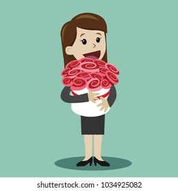 Woman with a bouquet of flowers. Happy Valentains Day. Happy March 8 International Womens Day. Birhday gift. Element for greeting card