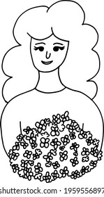 woman with bouquet of flowers icon. template card, poster, banner. hand drawn doodle style. vector, minimalism, monochrome sketch