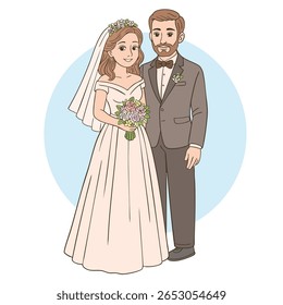 Mulher com flores de buquê fica perto do marido na cerimônia de casamento.