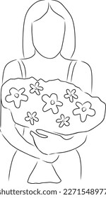 Woman with a bouquet of flowers, vector. Hand drawn sketch. A woman holds a bouquet of flowers in her hands.