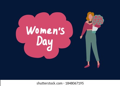 A woman with a bouquet of flowers. Vector illustration with a woman and a Women's day banner. Greeting card on March 8. Vector illustration