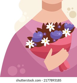 Woman with a bouquet of flowers. Vector illustration for poster, banner, website.