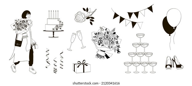 Woman with bouquet and gift box, set elements about birthday and celebration. Champagne glasses, cake with candles, balloons, rose flowers. Black outline on white background vector illustrations.