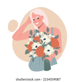 Woman with bouquet. Girl smiles with flowers in her hands. Love for floristry, care. Beauty, gift from loved one, surprise on romantic date in spring season. Cartoon flat vector illustration