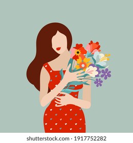 Woman with a bouquet in her hands. Vector illustration. 