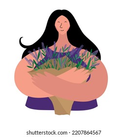 A woman with a bouquet of lavender in her hands. White background
