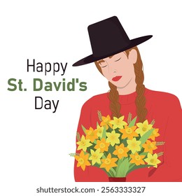 Woman with bouquet of narcissus flowers. Cute bouquet for St. David's day card. Vector illustration