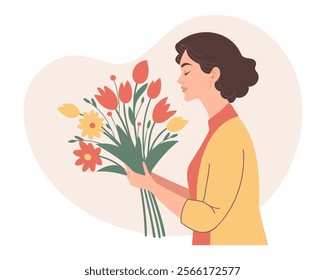 Woman with a bouquet of spring flowers. Mother's Day concept. Holiday illustration in flat style.