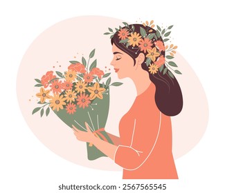 Woman with a bouquet of spring flowers. Mothers Day or womens Day concept. Holiday illustration in flat style.