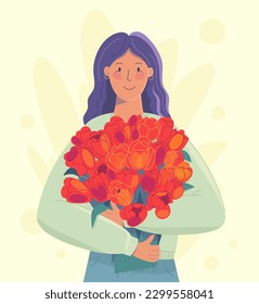 Woman with a bouquet of tulips. Girl holding of flowers. Vector illustration for gifts, Mother's Day, Women's Day, birthdays, Valentine's Day. Love, romantic concept illustration.