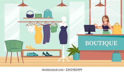 Woman in boutique clothes concept. Young girl with bag at checkout. Fashion, trend and style. Glamour outfits and apparel. Shopping mall, store or market. Cartoon flat vector illustration