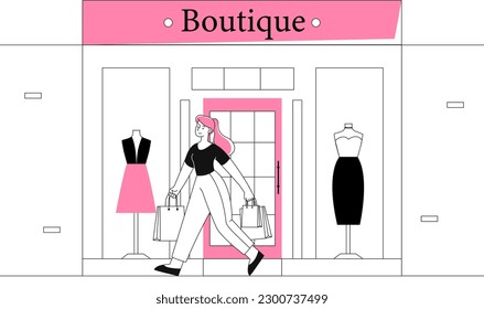 Woman in boutique. Young girl comes out of mall with packages. Woman at shopping, buying fashion and trendy clothes. Customer at modern store or shop. Linear flat vector illustration