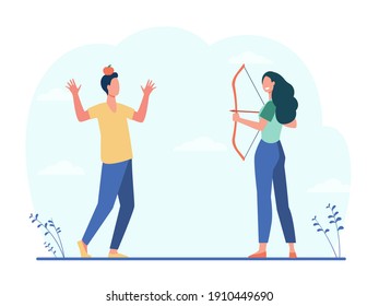 Woman with bow aiming arrow at apple on mans head. Doing archery, target, risk. Flat vector illustration. Relationship, trust, danger concept for banner, website design or landing web page