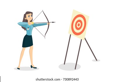 Woman with bow, arrow and target. Businesswoman archer targeting in center.