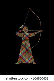 Woman bowing Kyudo designed using colorful pixels graphic vector.