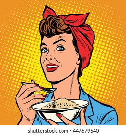 Woman with bowl of delicious cereal pop art retro vector. Mom cooks in the morning