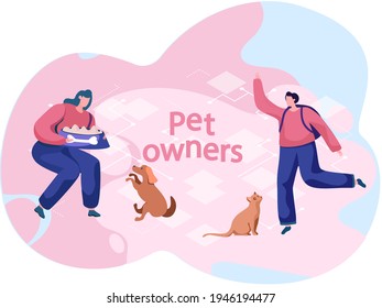 Woman with bowl of food going to feed dog. Man is training his cat during walk. Owners train pets