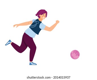 Woman bowling player throwing a ball to hit skittles, flat cartoon vector illustration isolated on white background. Bowling game athlete or player female character.
