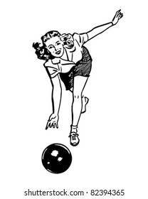 Mulher Bowling - Ilustração Retro Clipart