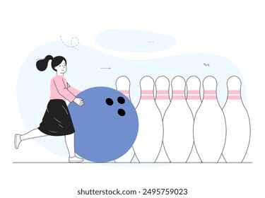 Woman with bowling. Young girl with huge ball knocks down pins. Active lifestyle and sports. Bowler at competition or tournament. Linear vector illustration isolated on white background