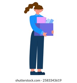 Woman with box of office supplies, career transition or job change vector illustration