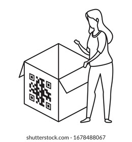 mujer y caja con código qr aislado icono ilustración vectorial diseño