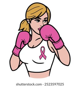 Woman boxer with pink gloves and ribbon breast cancer awareness illustration