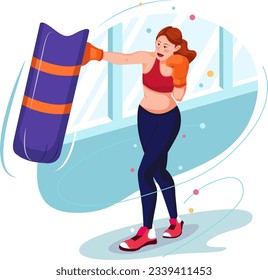 Woman Boxer Practicing Boxing With Boxing Bag Illustration