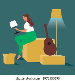 Woman with boxes in the pantry, storage of things. Flat vector stock illustration. Packing, unboxing for moving. Items in boxes in the closet. Apartment moving. Isolated illustration