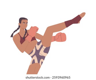 Woman boxing. Female fighter in boxing gloves practices kick, punching and hitting. Strong girl athlete at sports training or workout. Flat vector illustration isolated on background