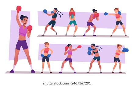 Woman boxing. Female fighters punching in gloves sport female characters exact vector strong woman