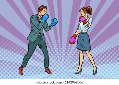 Woman Boxing fights with man. Pop art retro vector illustration kitsch vintage