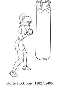 Woman boxing. Girl with punching bag. Vector illustration