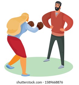 a woman in boxing gloves attacks a man, he stands calm and tries to listen and understand what is happening, isolated object on a white background, vector illustration