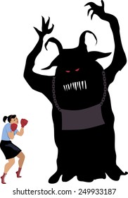 Woman in boxing gloves fighting a monster, blank plate on his chest for your message, no transparencies, EPS 8
