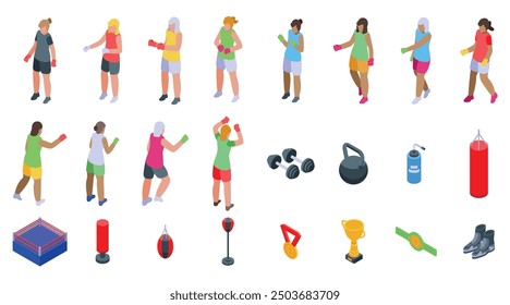 Woman boxing gloves icons set. This colorful set of isometric icons represents women training and exercising with boxing equipment