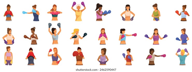 Woman boxing gloves vector. A group of women are shown in various poses, with some holding boxing gloves. Concept of empowerment and strength, as the women are depicted as confident and athletic