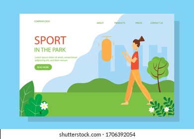 Woman boxing in the park landing page, concept illustration for healthy lifestyle, outdoor activities, exercising. Vector illustration in flat style