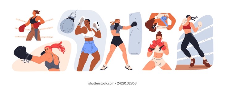Woman boxing set. Female boxers at box workout, sport training. Strong girls fighters exercising in gloves, punching, hitting bag. Flat graphic vector illustrations isolated on white background