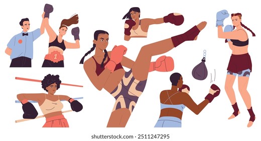 Woman boxing set. Women boxers in gloves fight in ring, hitting bag and train in gym. Strong girls doing sports at boxing workout. Flat vector illustration collection isolated on white background