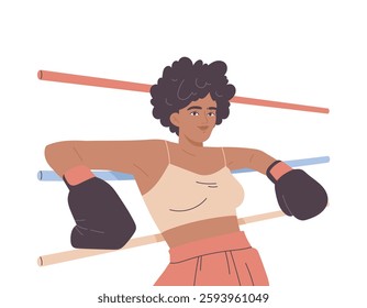 Woman boxing. Smiling female fighter in boxing gloves standing in boxing ring. Strong girl athlete participates in sports competitions. Flat vector illustration isolated on background